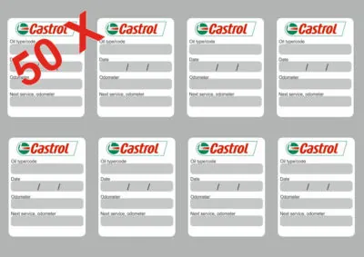50x CASTROL Oil Change Service Reminder Stickers Decals Adhesive Labels Die Cut