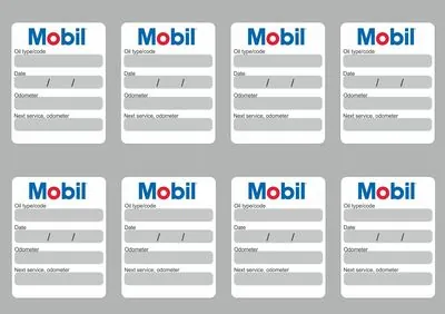 8x MOBIL Oil Change Service Reminder Stickers Decals Adhesive Labels Die Cut