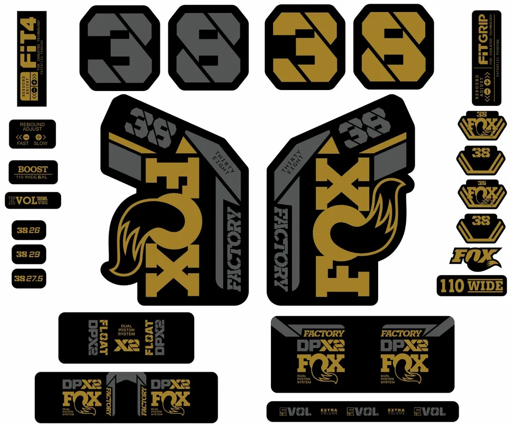FOX 38 2021 Factory Forks Suspension & DPX2 Shock Decal Sticker Gold Gray Set