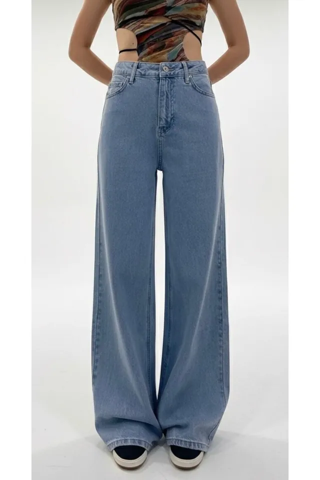 Relaxed Kalıp Bol Kesim Yüksek Bel Mavi Denim Kadın Pantolon