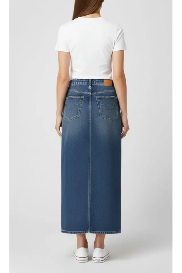 Uzun Yırtmaçlı Yıkama efektli Kadın Denim Etek