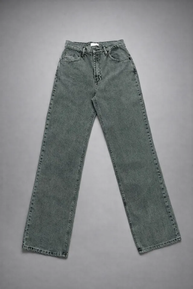 Straight Fit Özel Yıkama Siyah/Yeşil Düz Paça Kadın Denim Pantolon