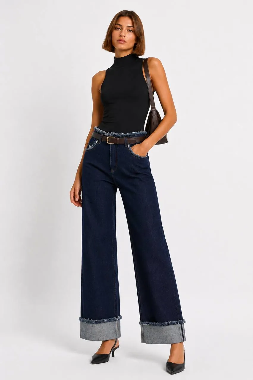  Noa Wide Leg Katlamalı Paça Denim Pantolon 