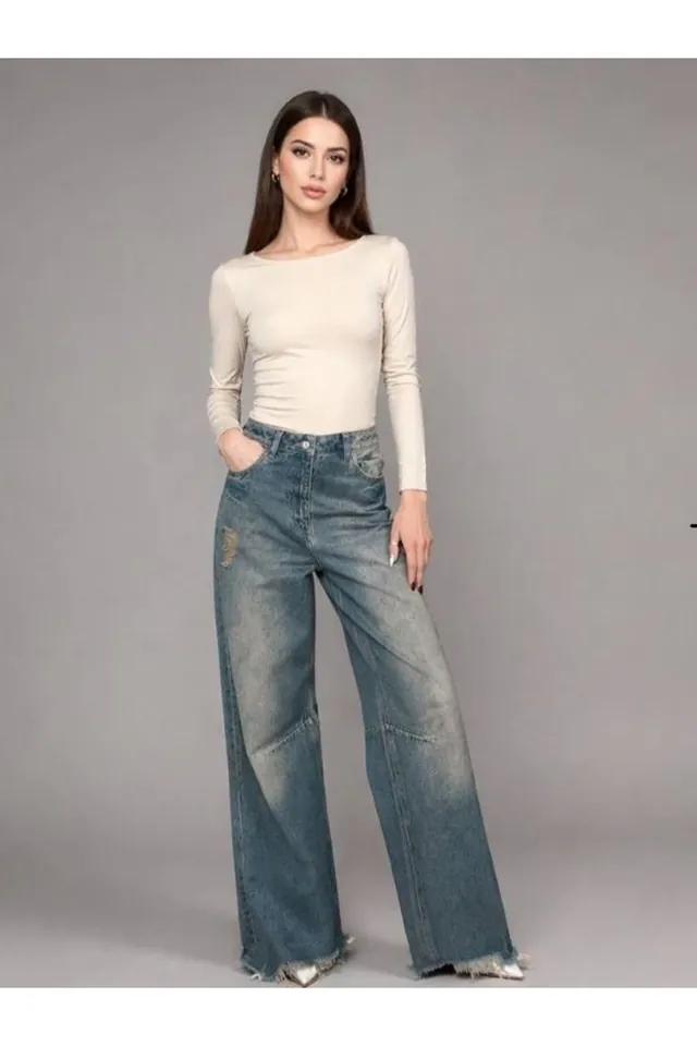 Kadın Jean Pantolon Wide Leg Rahat Kalıp